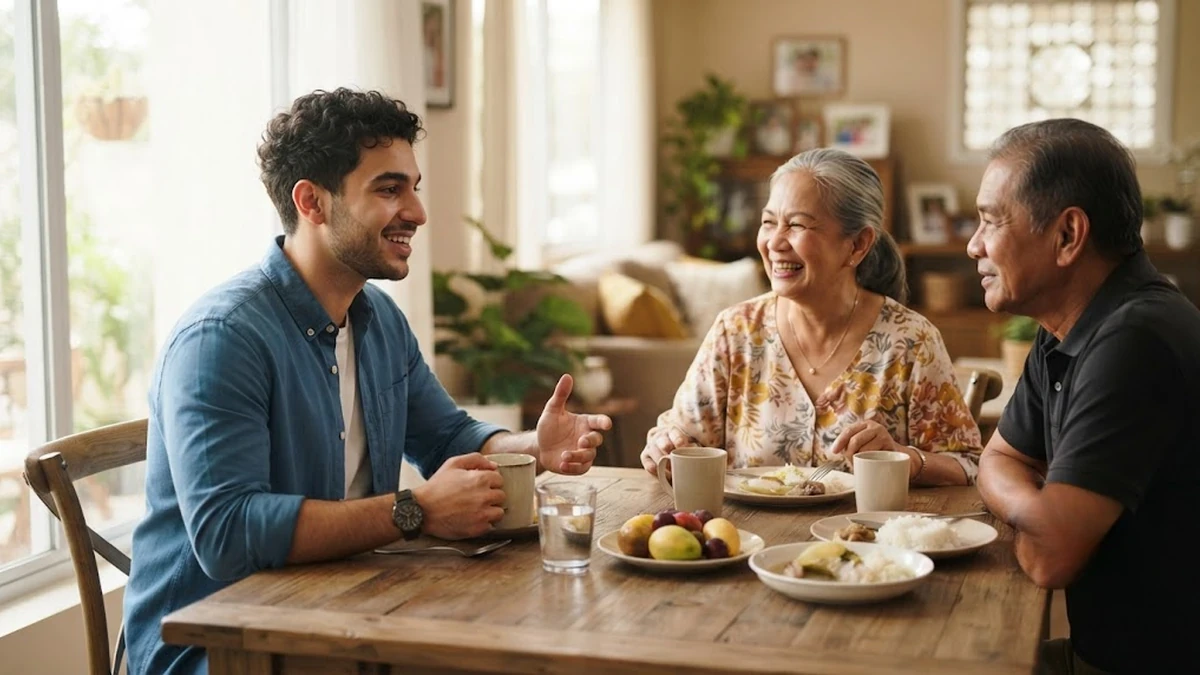طالب عربي يتدرب على التحدث بالإنجليزية مع عائلة فلبينية مستضيفة على مائدة الطعام