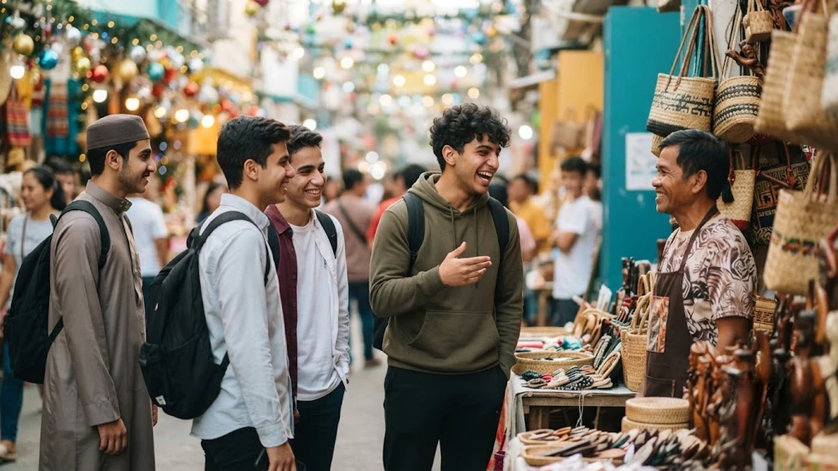 طلاب سعوديون يمارسون اللغة الإنجليزية مع السكان المحليين في أحد أسواق سيبو المفتوحة بالفلبين خلال شهر ديسمبر