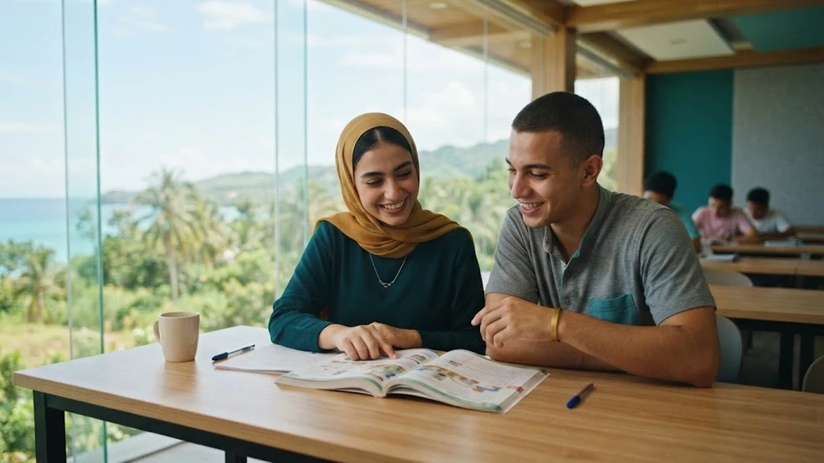 طلاب عرب يدرسون اللغة الإنجليزية داخل معهد حديث ومشرق في سيبو يطل على طبيعة استوائية ساحرة