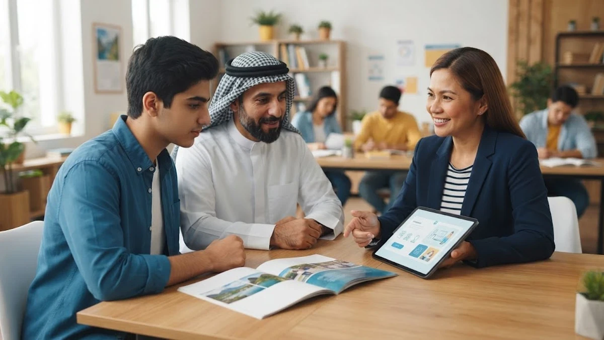 مستشار تعليمي يناقش معايير اختيار معاهد اللغة الإنجليزية في الفلبين مع طالب عربي وولي أمره