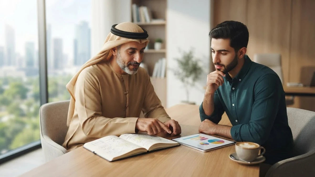 طالب عربي وولي أمره في جلسة استشارية لتخطيط الميزانية واختيار البرنامج الدراسي الأنسب لتعلم اللغة
