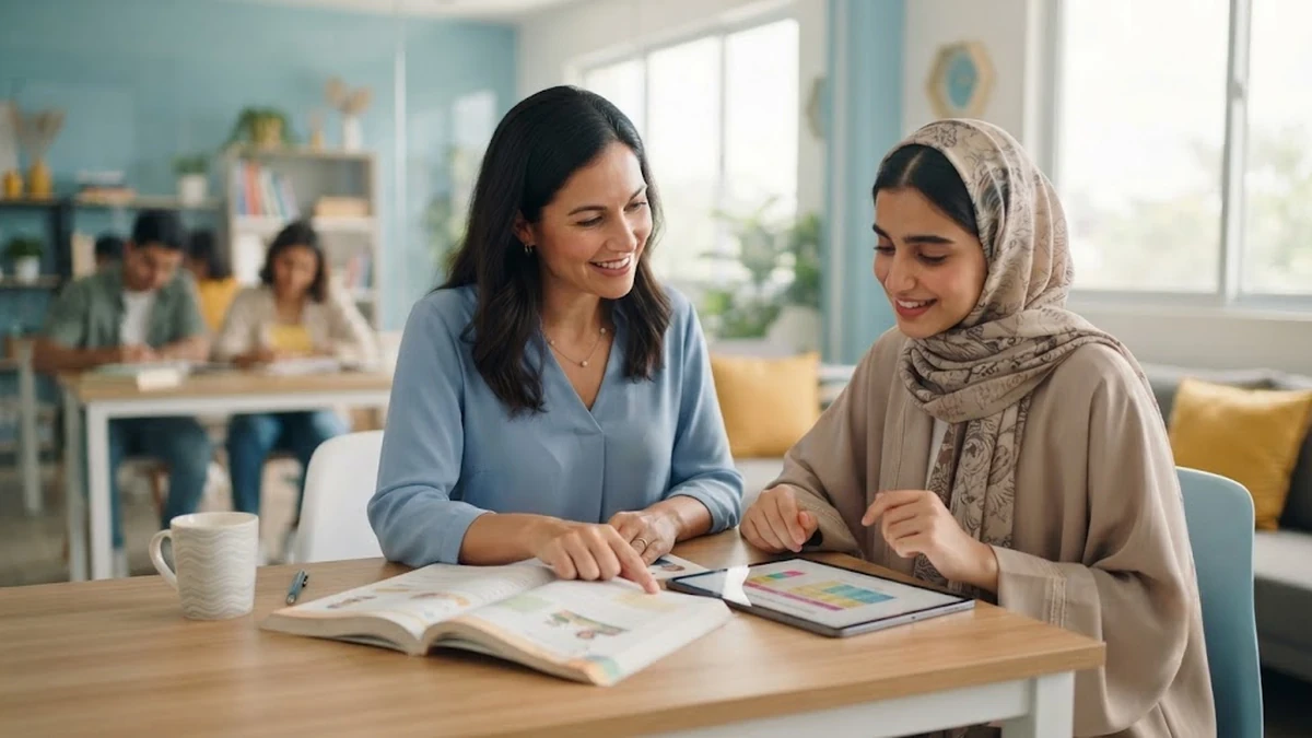 مستشار تعليمي يساعد طالباً سعودياً في مقارنة مناهج ومعاهد الآيلتس في سيبو داخل مكتب مضاء بشكل طبيعي
