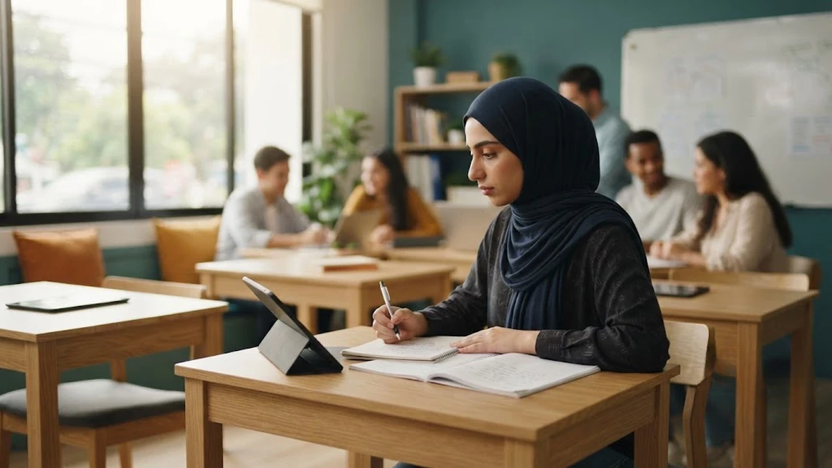 طالب عربي يدرس اللغة الإنجليزية داخل معهد تعليمي هادئ ومنظم في مدينة أنجليس بالفلبين