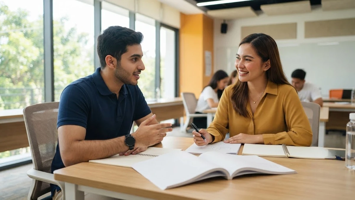طالب عربي يتفاعل في حصة لغة إنجليزية فردية مكثفة داخل معهد تعليمي في الفلبين بأجواء إيجابية