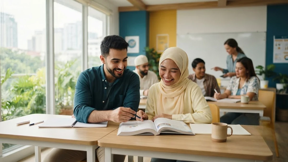 طلاب عرب يدرسون اللغة الإنجليزية داخل قاعة محاضرة حديثة ومشرقة في معهد لغات بالفلبين