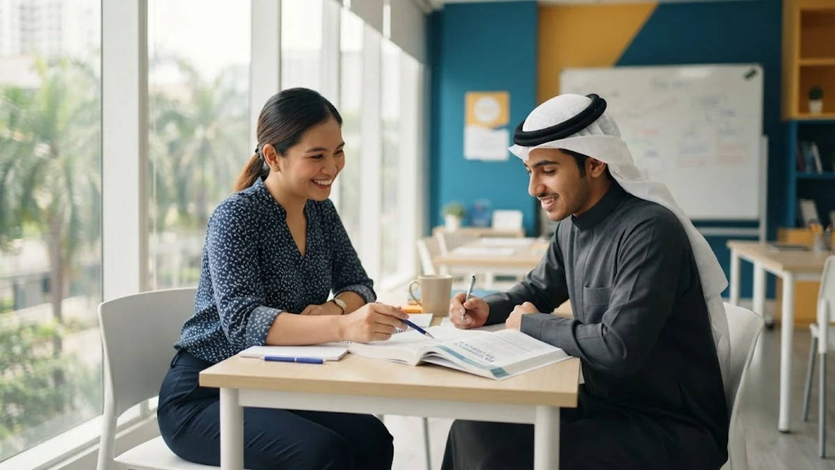جلسة تعليمية فردية مكثفة بين معلمة فلبينية وطالب عربي داخل معهد لغات حديث ومشرق في الفلبين