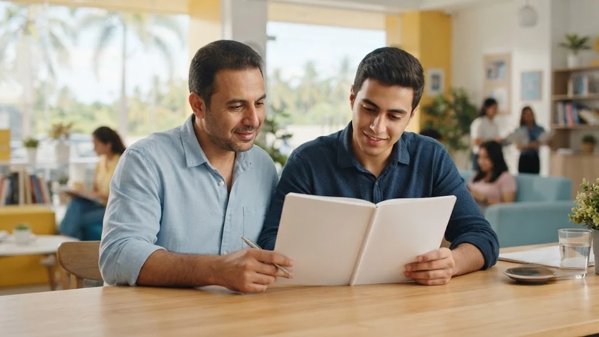 طالب عربي وولي أمره في جلسة تخطيط لتحديد المدة الزمنية المناسبة لدراسة اللغة الإنجليزية
