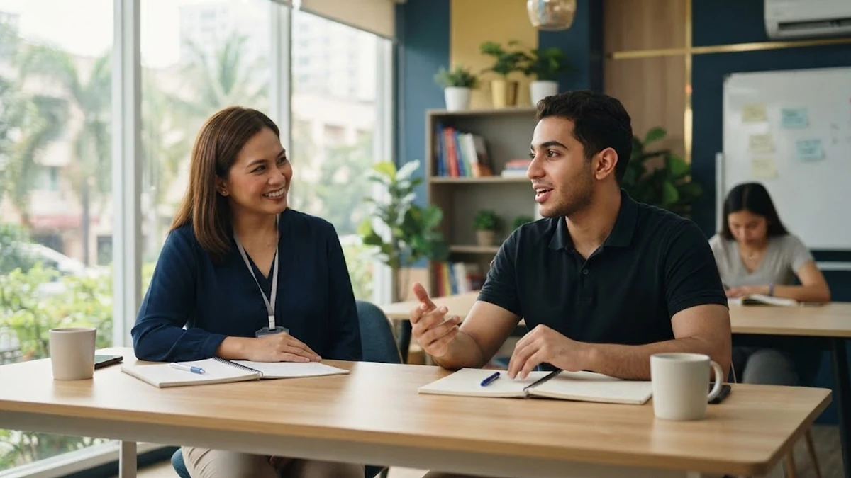 طالب عربي يدرس اللغة الإنجليزية في حصة فردية مع معلمة داخل معهد بلو أوشن في الفلبين