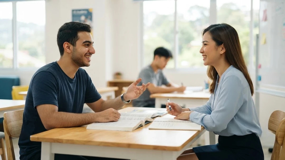 طالب عربي يشارك في حصة لغة إنجليزية تفاعلية مع المعلمة داخل معهد JIC في باجيو