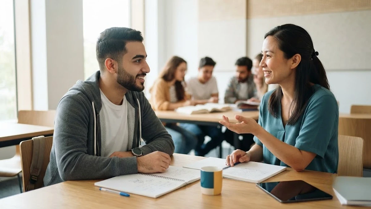 طالب عربي يتدرب على المحادثة باللغة الإنجليزية مع المعلمة داخل فصل دراسي حديث في معهد IMS بالفلبين