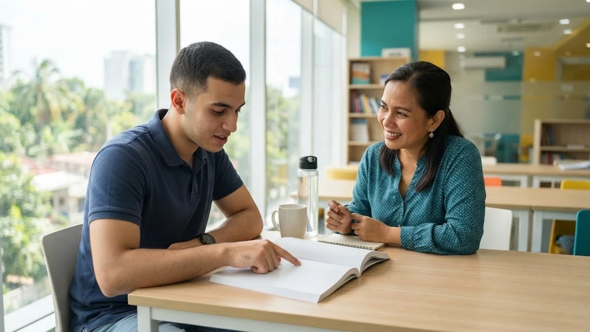 طالب عربي يتلقى حصة مكثفة لتعلم اللغة الإنجليزية مع معلم في أكاديمية حديثة في الفلبين