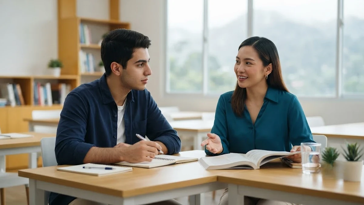 طالب عربي يدرس اللغة الإنجليزية في حصة فردية مكثفة داخل معهد حديث بمدينة باقيو الفلبينية