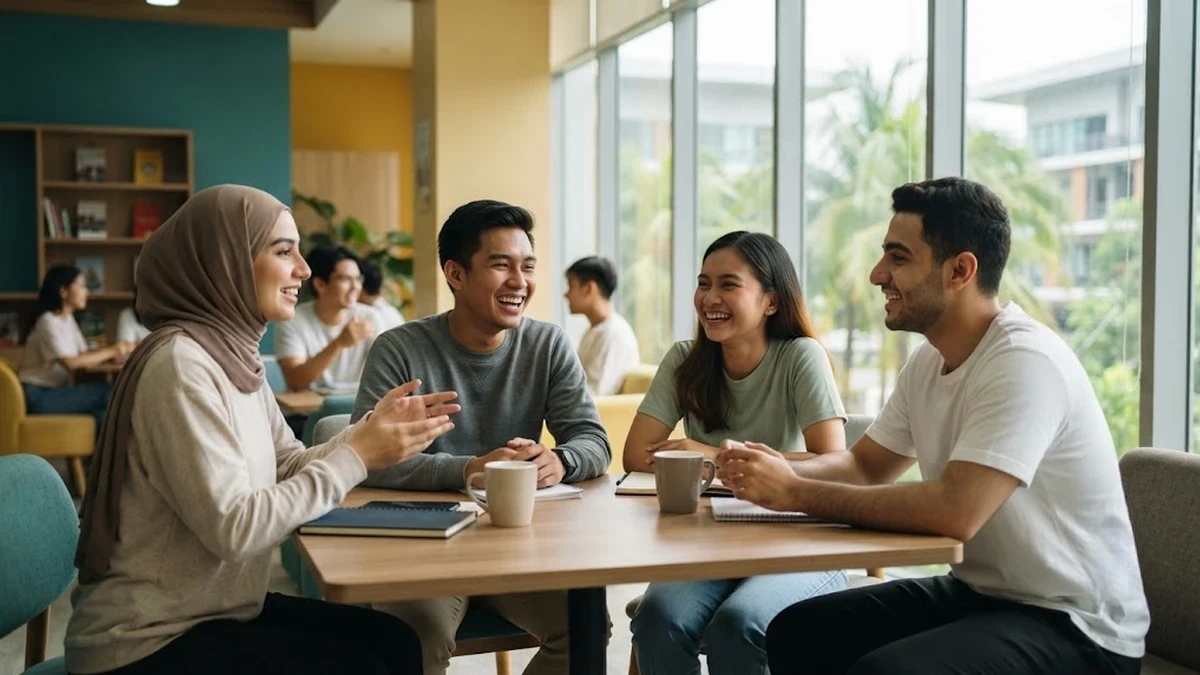 طلاب عرب وآسيويون يتحدثون الإنجليزية معاً في بيئة تفاعلية داخل السكن المشترك بمعهد لغة في الفلبين