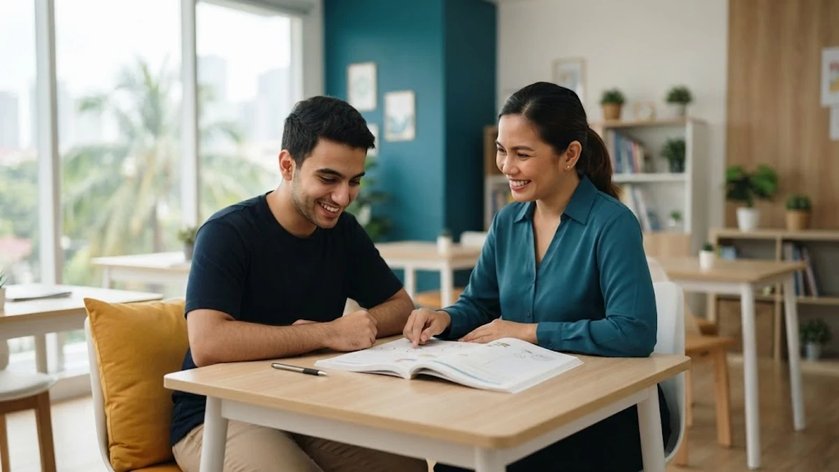 طالب عربي يدرس اللغة الإنجليزية في حصة فردية مباشرة مع معلمة داخل معهد لغات بالفلبين