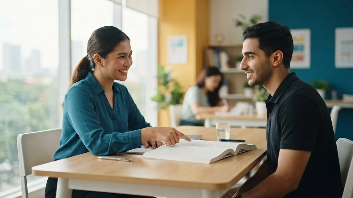 طالب عربي يتلقى حصة فردية مكثفة لتعلم اللغة الإنجليزية مع معلمة متخصصة داخل معهد في الفلبين