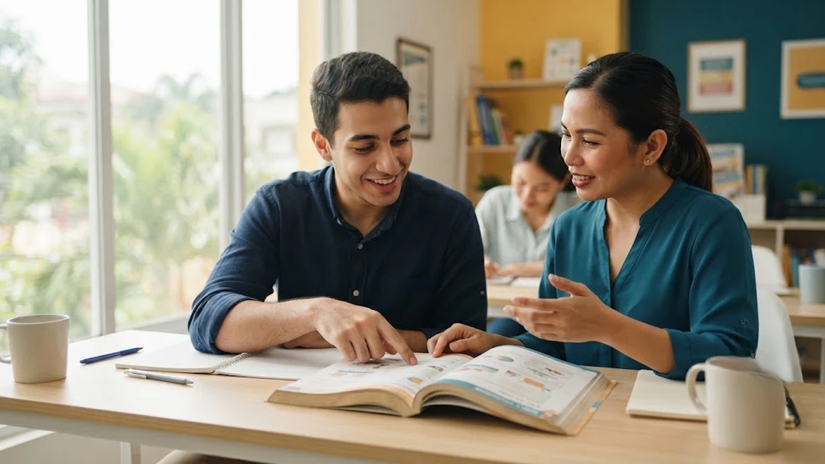 طالب عربي يتلقى حصة فردية مكثفة لتعلم اللغة الإنجليزية مع معلمة محترفة في معهد فلبيني