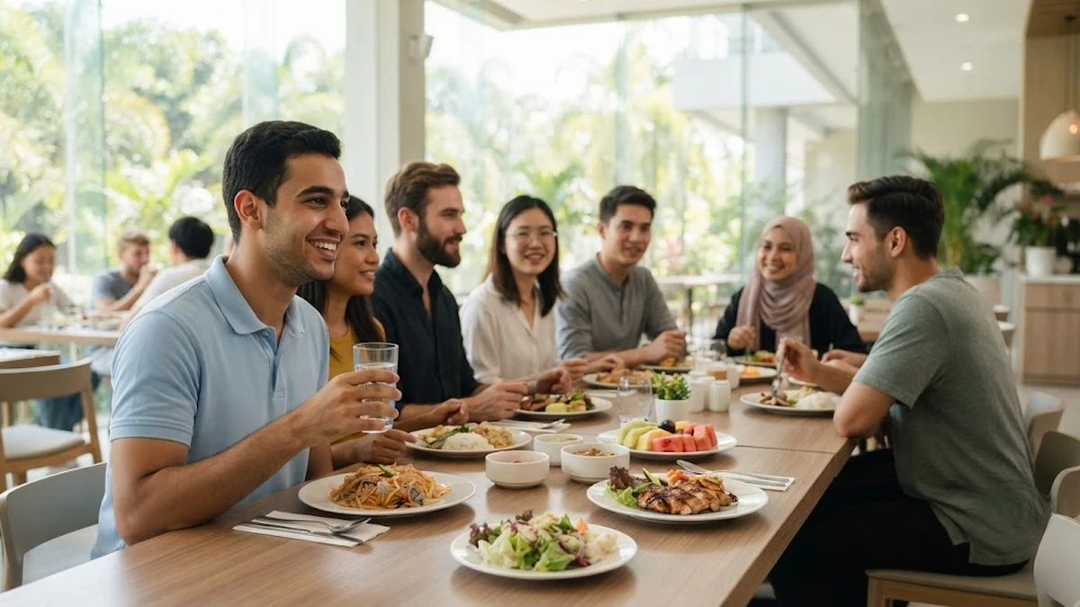 طلاب عرب في صالة طعام حديثة ونظيفة داخل معهد لغة إنجليزية في الفلبين يتناولون وجبة متنوعة