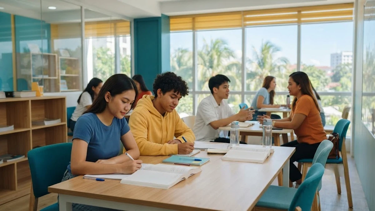 طلاب يدرسون بتركيز داخل قاعة تعليمية حديثة ومشرقة في أحد معاهد اللغة الإنجليزية في سيبو