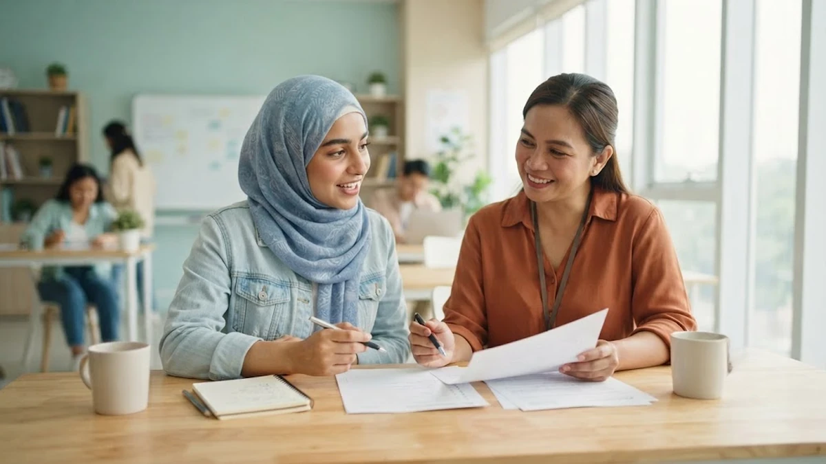 طالب عربي يناقش شروط ومتطلبات الالتحاق بدورة التوفل مع مستشار أكاديمي في معهد لغات بالفلبين