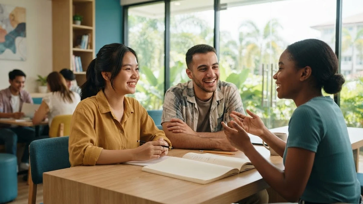 طلاب من خلفيات ثقافية مختلفة يدرسون معاً داخل معهد لغات متطور في الفلبين في أجواء من التعايش