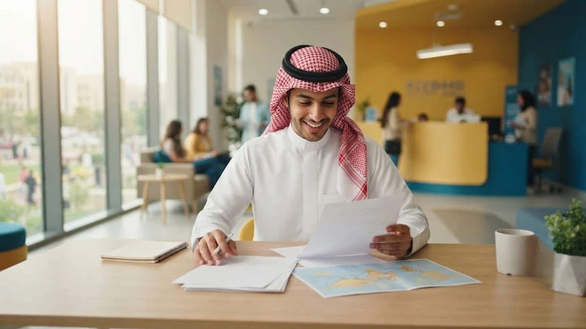 طالب سعودي يخطط لرحلته الدراسية إلى الفلبين في مكتب استقبال أكاديمي مضيء