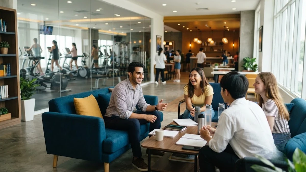 طالب عربي يستمتع بوقته في صالة سكن الطلاب الحديثة والمريحة داخل معهد اللغة الإنجليزية في سيبو