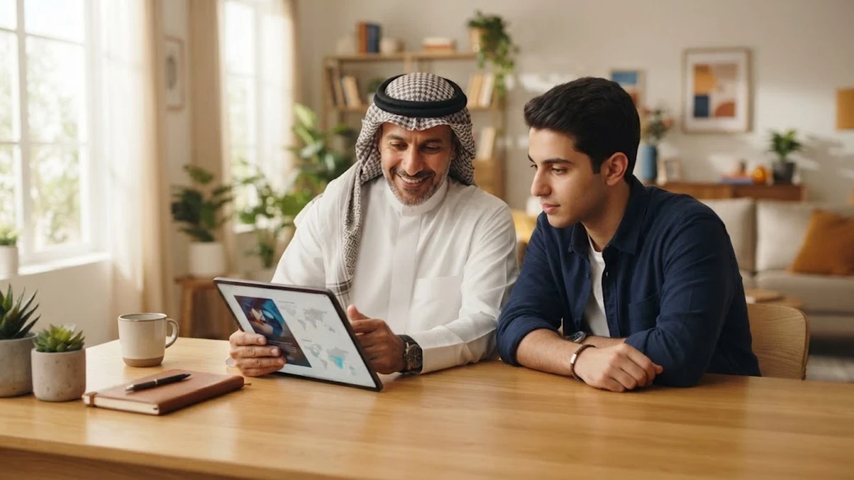 طالب سعودي ووالده يتصفحان معاً أدلة مقارنة معاهد اللغة الإنجليزية في الفلبين عبر جهاز لوحي