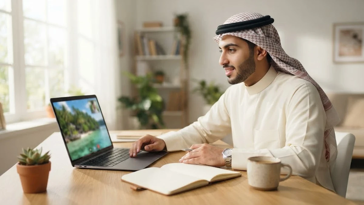 طالب سعودي يخطط بتفاؤل لدراسة اللغة الإنجليزية في الفلبين أمام شاشة حاسوبه في مكتب مشرق