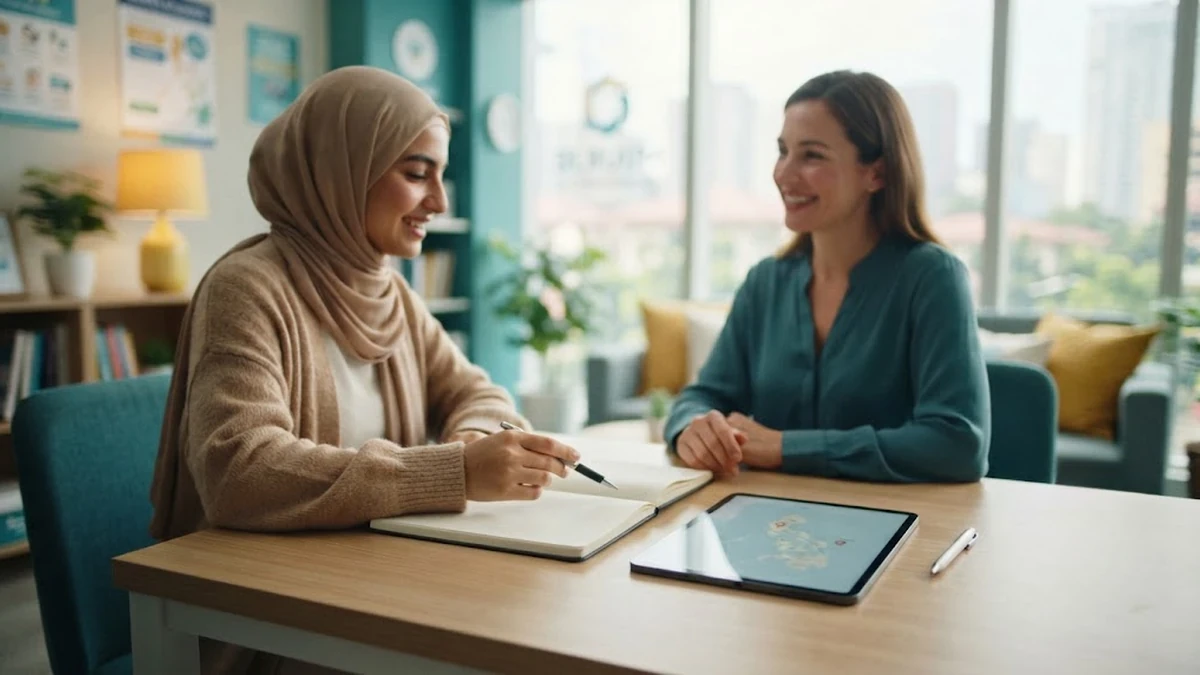 طالب عربي يناقش خطة دراسة اللغة الإنجليزية في الفلبين مع مستشار تعليمي في مكتب مشرق