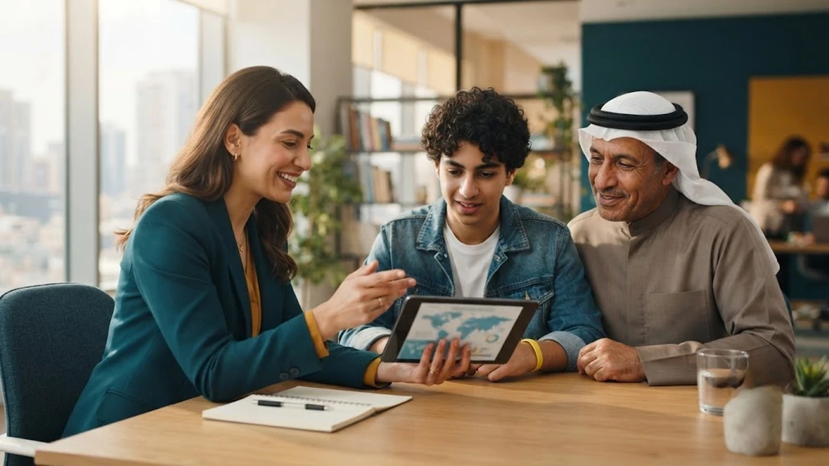 جلسة استشارية تجمع طالبًا عربيًا ووالده مع مستشار تعليمي لتخطيط ميزانية دراسة اللغة في الفلبين