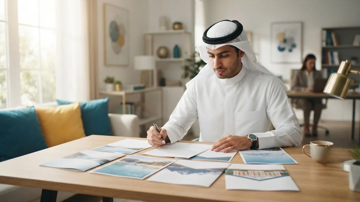طالب سعودي يخطط لرحلته الدراسية في الفلبين مستعينًا بكتيبات المعاهد على مكتب دراسي حديث