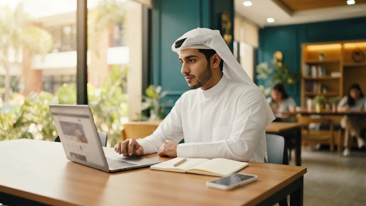 طالب سعودي يقوم بالتخطيط والتسجيل لدراسة اللغة الإنجليزية في الفلبين على مكتب دراسي حديث ونظيف