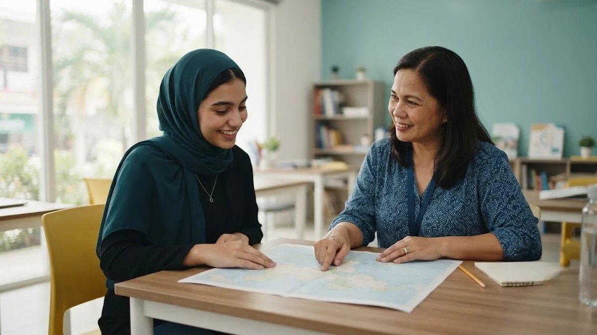 طالب عربي يستمع لمستشار تعليمي أثناء التخطيط لتنظيم الرحلات السياحية والدراسة في الفلبين