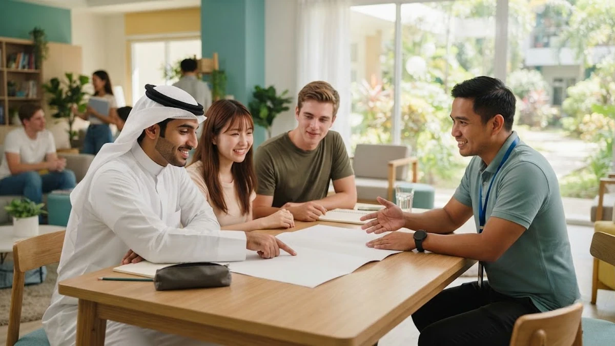 جلسة استشارية تجمع طلاباً عرباً مع مشرف الأنشطة في معهد لغة فلبيني لتنظيم رحلة جماعية