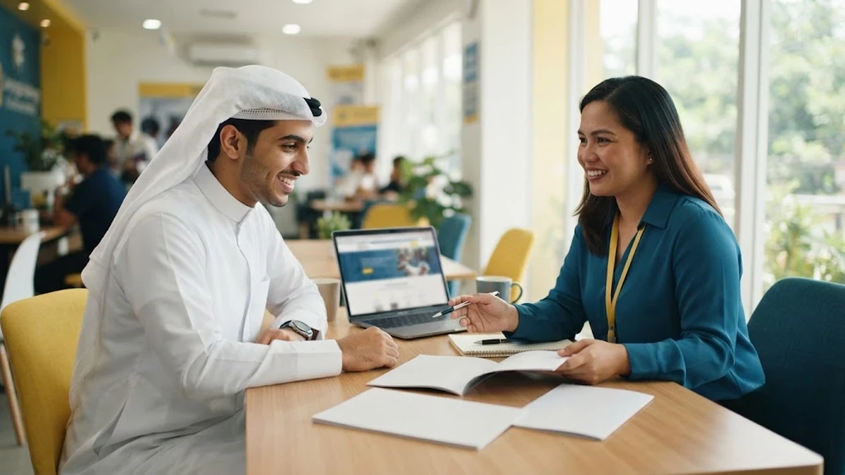 طالب سعودي يناقش خطوات التخطيط وتمديد الإقامة مع مستشار الطلاب في معهد لغة فلبيني حديث