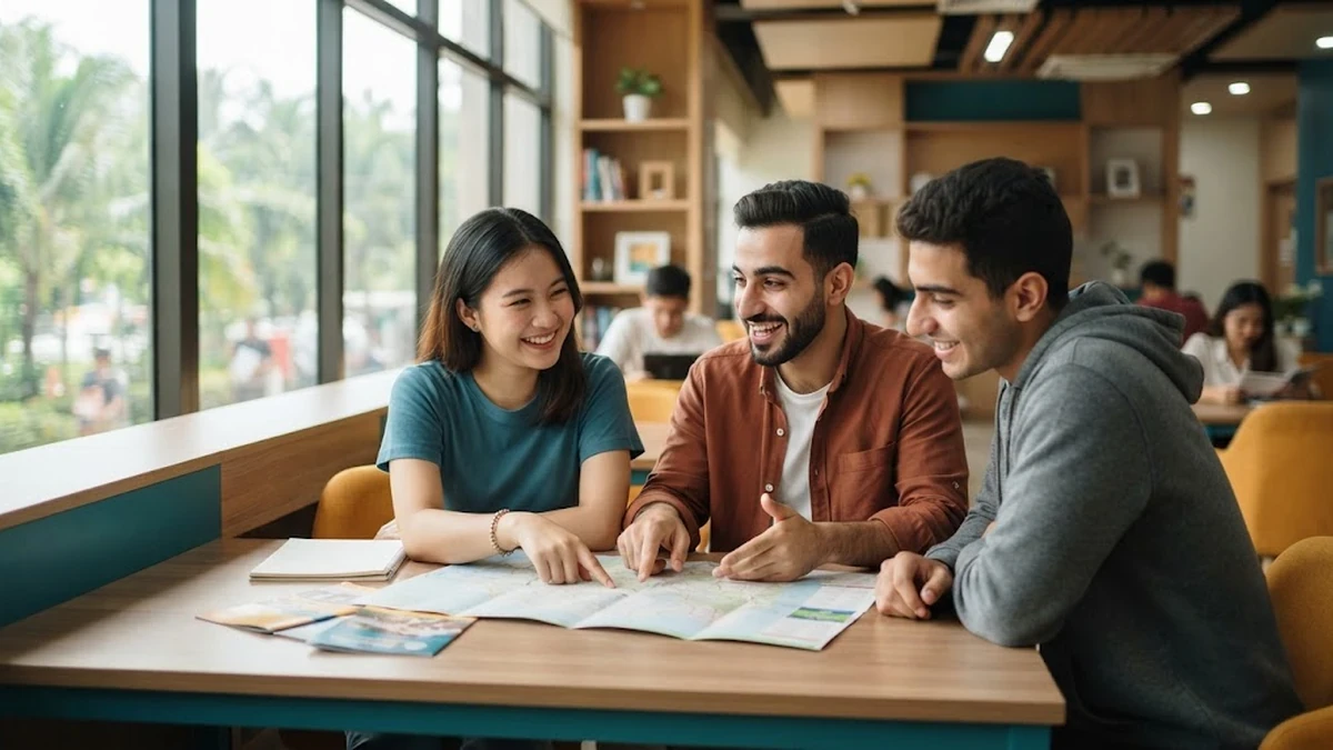 طلاب عرب يناقشون خيارات الدراسة والسكن في معاهد اللغة الإنجليزية بالفلبين داخل قاعة دراسية مشرقة
