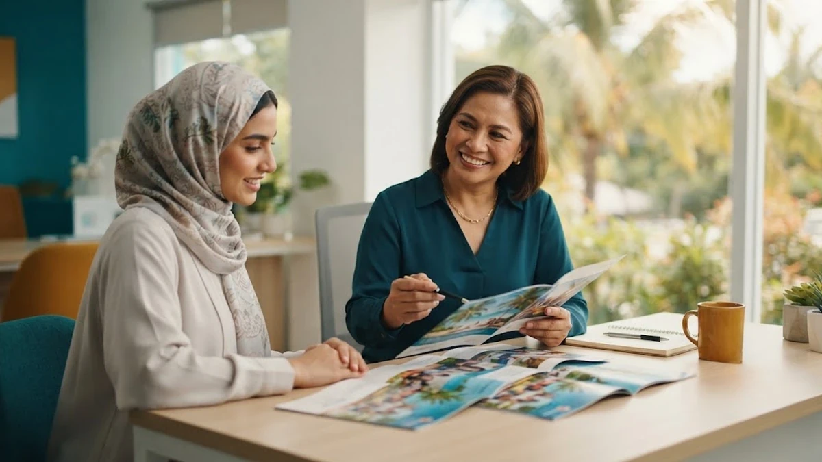 جلسة استشارية تجمع بين مستشار تعليمي وطالب سعودي للتخطيط لدراسة اللغة الإنجليزية في الفلبين.