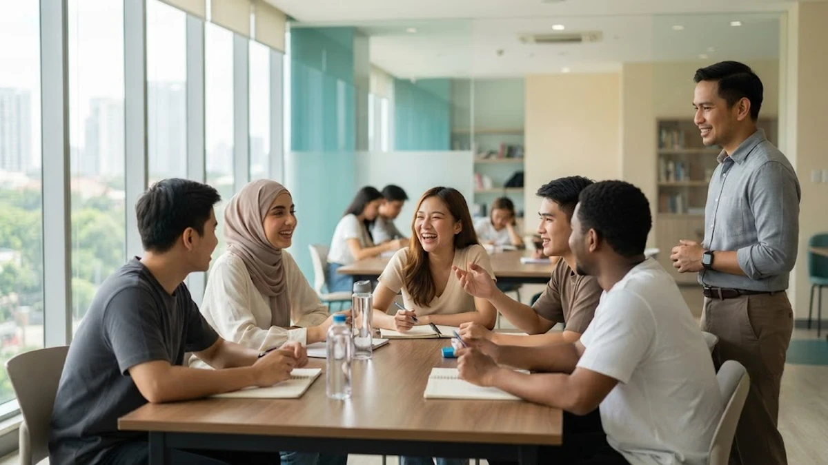 طلاب عرب يشاركون في حلقة نقاش تفاعلية داخل معهد لغة إنجليزية معتمد ومتطور في مانيلا