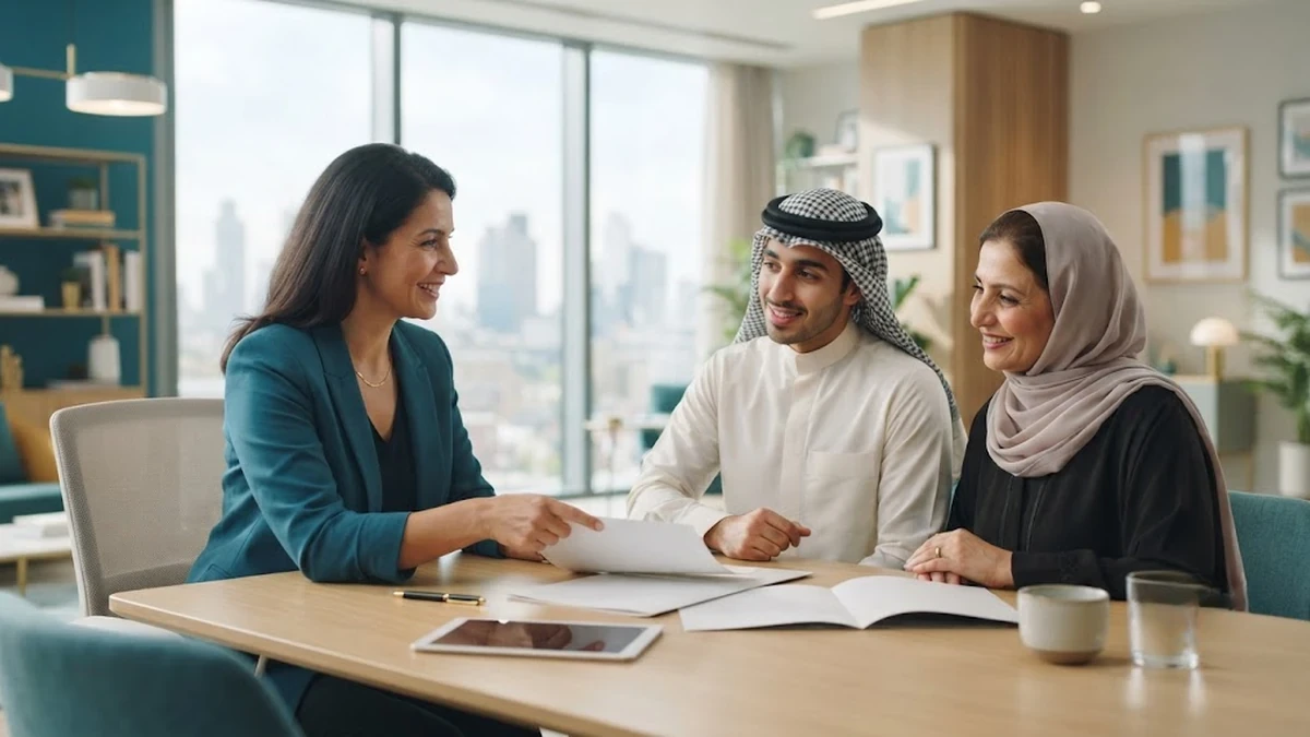 مستشار تعليمي يشرح لمستفيد خيارات معاهد اللغة الإنجليزية في الفلبين في مكتب مشرق وموثوق