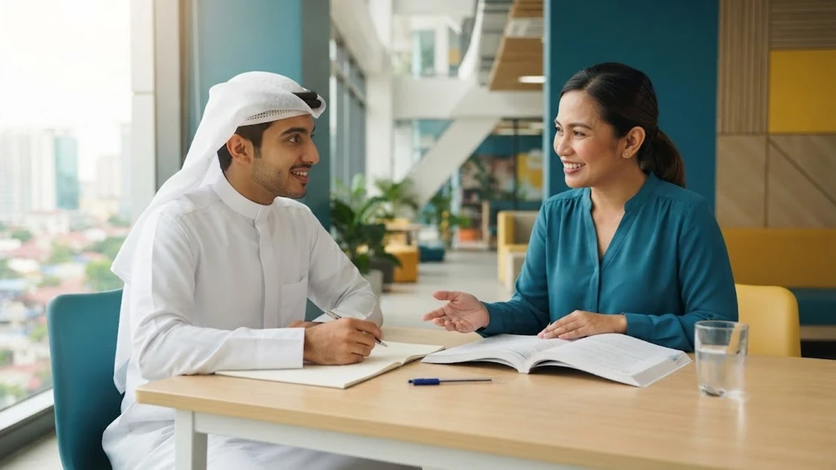 طالب سعودي يتلقى حصة تعليمية فردية مكثفة مع معلمة لغة إنجليزية في معهد بسيبو