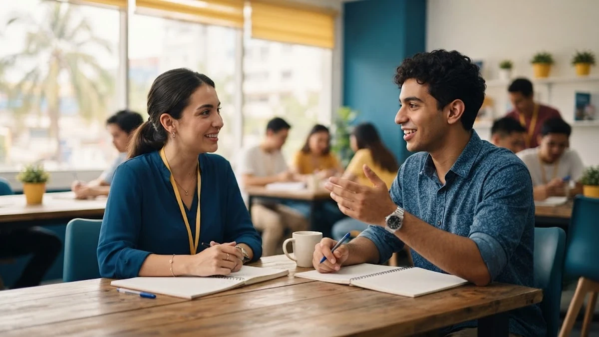 طالب عربي يتحدث الإنجليزية مع معلمة في معهد لغات حديث ومشرق بالفلبين للتحضير لاختبار التوفل.