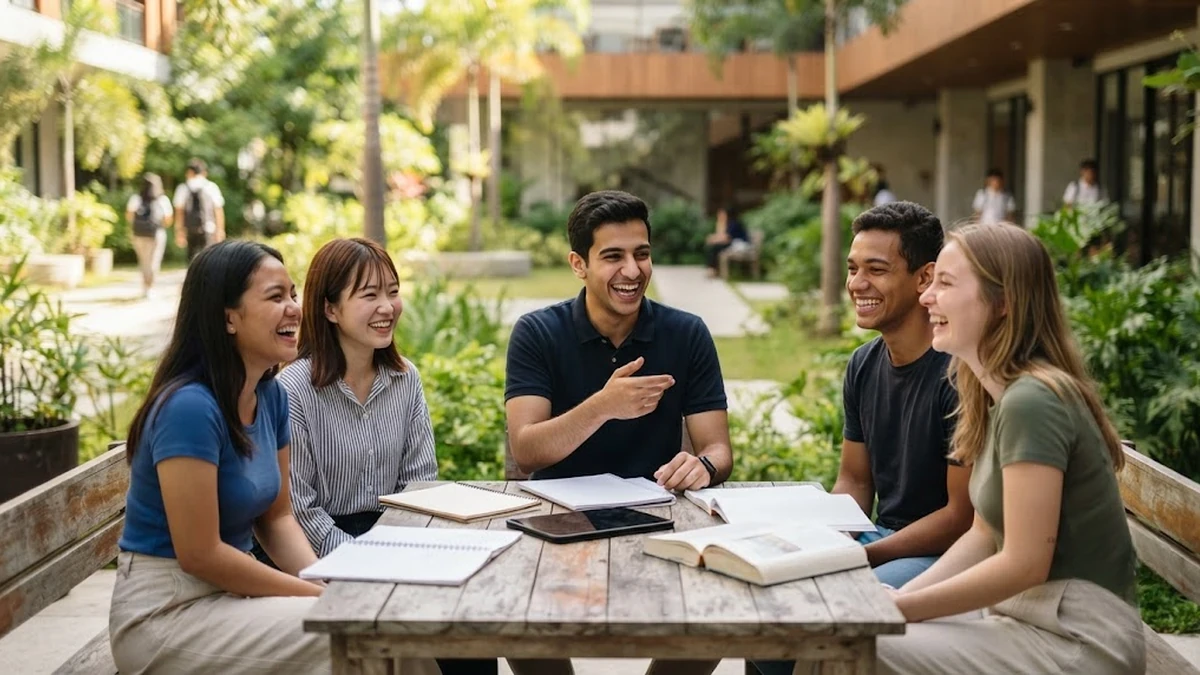 طلاب عرب يتحدثون بتفاؤل في فناء معهد مشرق لتعليم اللغة الإنجليزية في مدينة سيبو بالفلبين