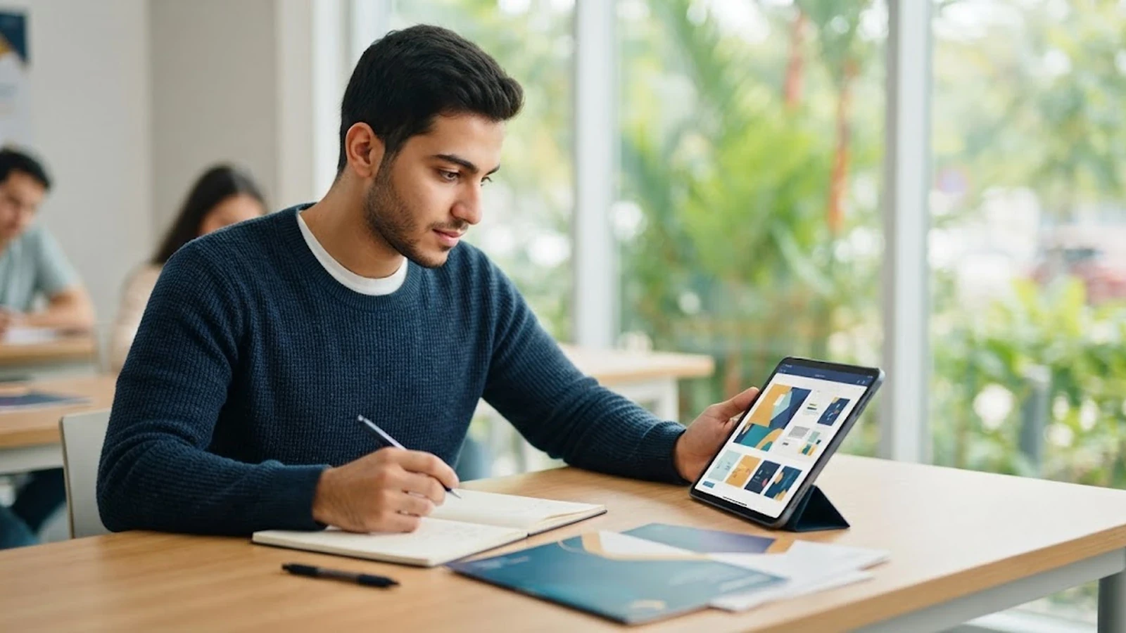 طالب عربي يراجع خيارات برامج دراسة الإنجليزية قبل طلب عرض السعر
