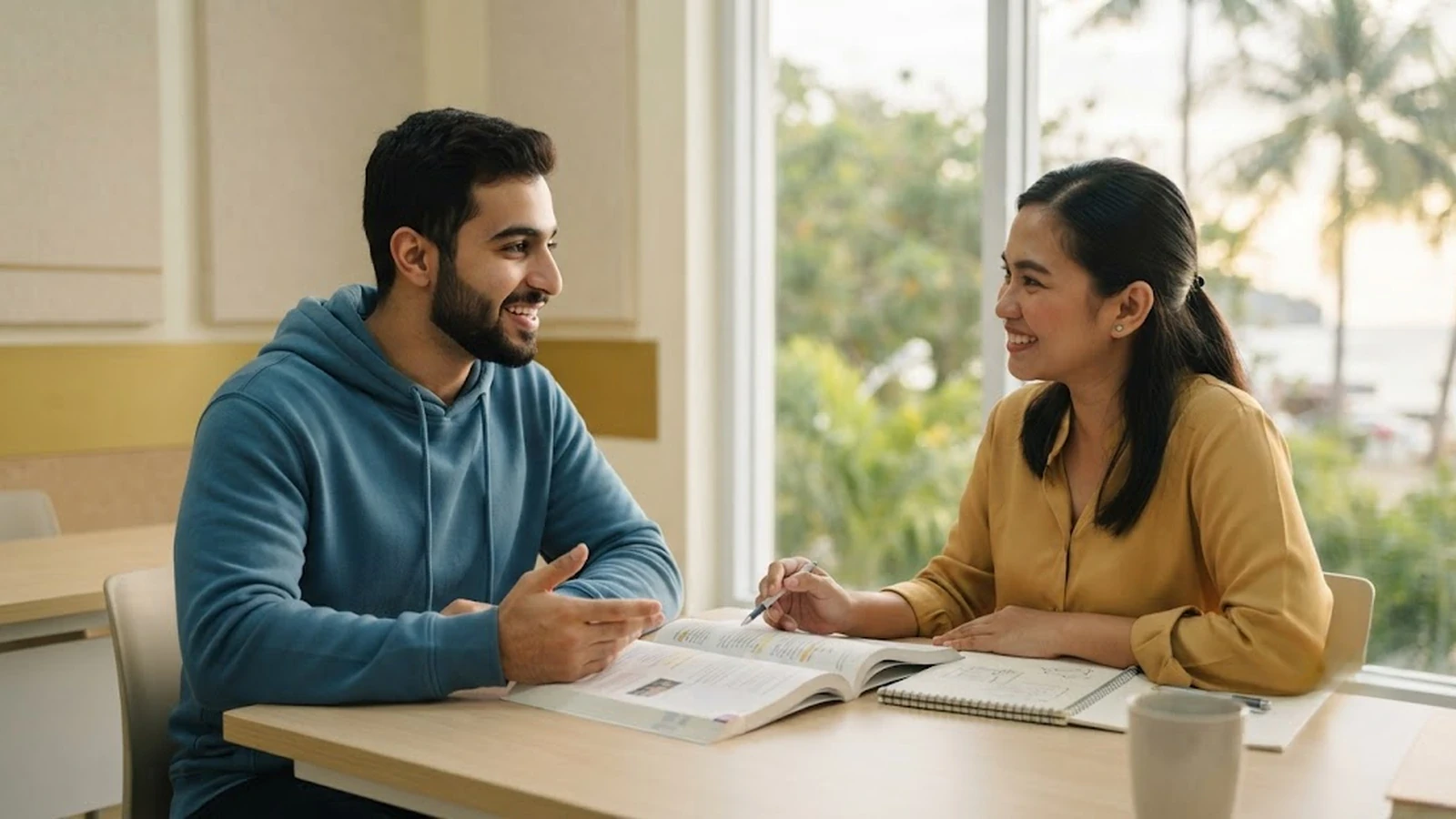 طالب عربي يتدرب في حصة إنجليزية فردية مع معلمة داخل معهد لغة في الفلبين